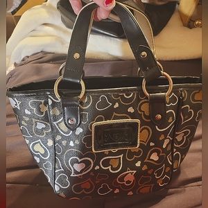 Black small tote hand bag purse mini woth hearts white and gold
